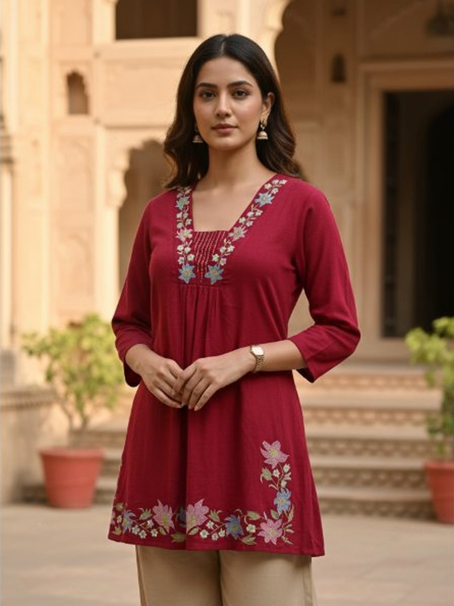 Floral Embroidered Red Ethnic Top