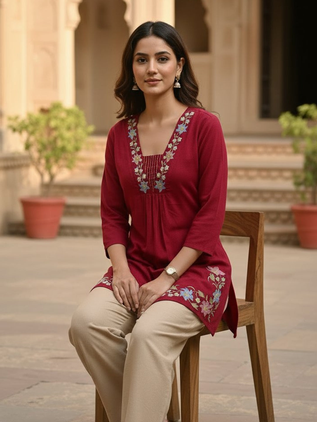 Floral Embroidered Red Ethnic Top
