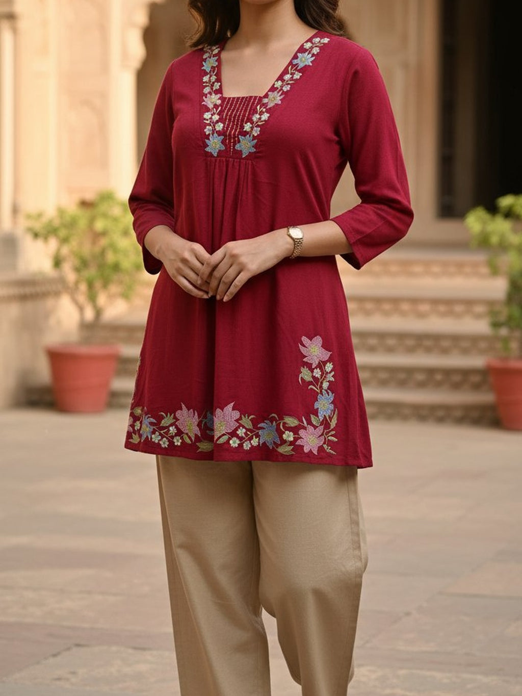 Floral Embroidered Red Ethnic Top