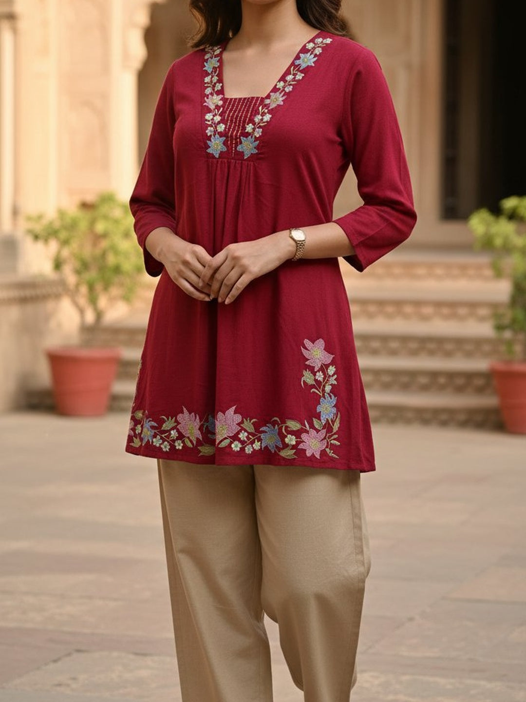 Floral Embroidered Red Ethnic Top