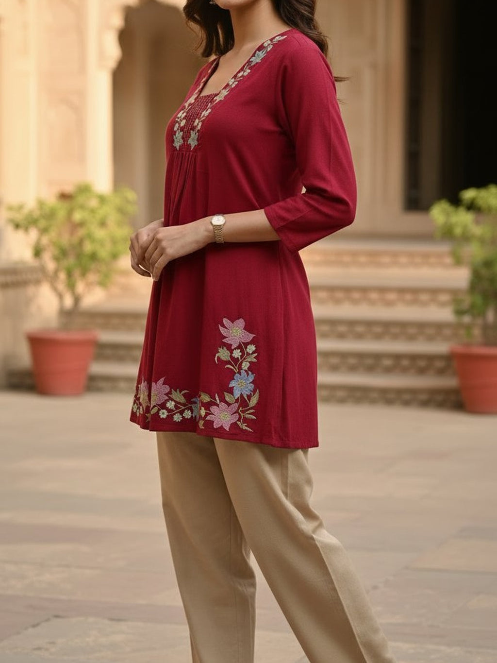 Floral Embroidered Red Ethnic Top